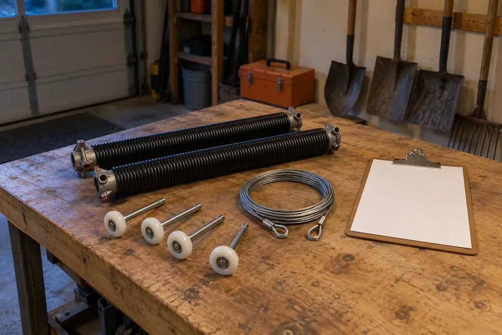 Torsion springs, nylon rollers and coiled lift cable beside a blank clipboard on a workbench