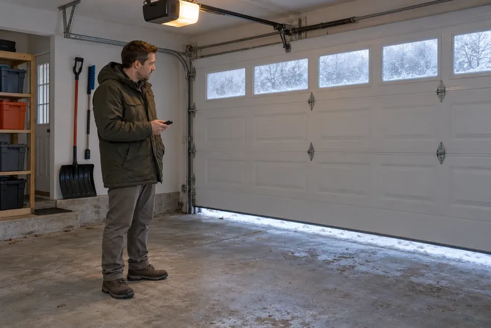 Homeowner holding a remote beside a white garage door stopped just above the floor