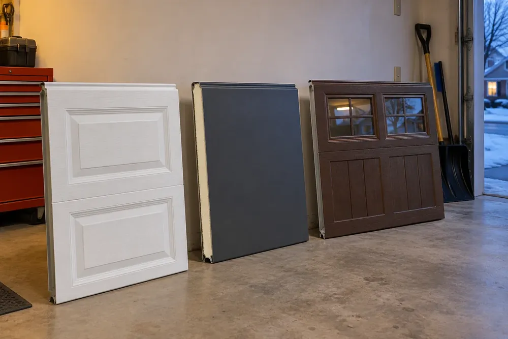 White, charcoal and brown garage door samples with windows and an exposed foam insulation edge