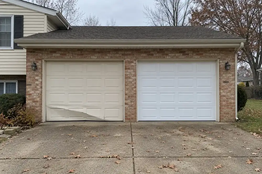 Almond garage door with a creased bottom section beside a newer white door on a brick garage