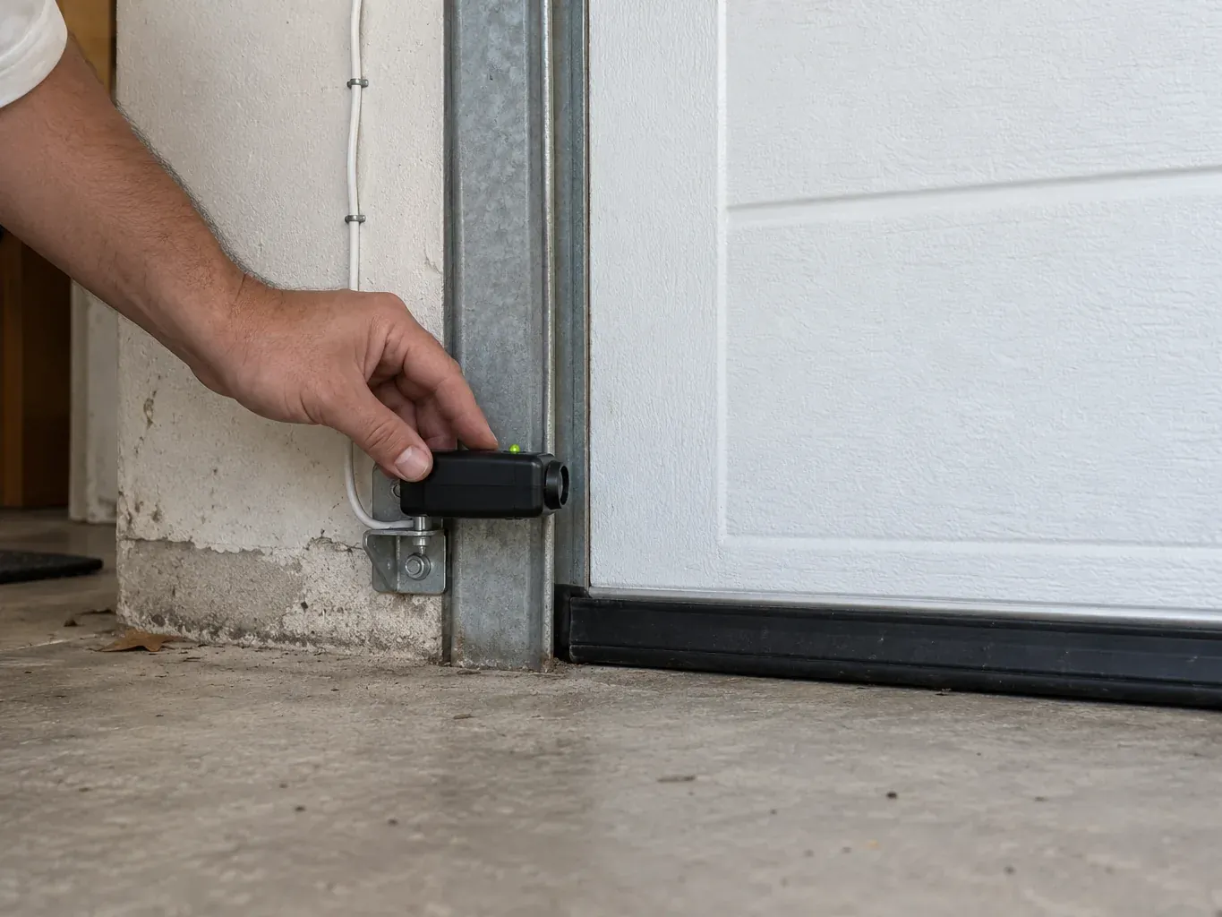 Technician's hand aligning a garage door safety sensor with a green light near the floor