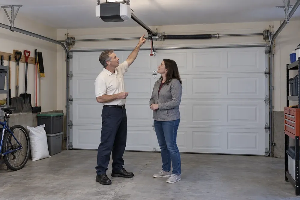Technician pointing to an opener rail while a homeowner listens inside a garage