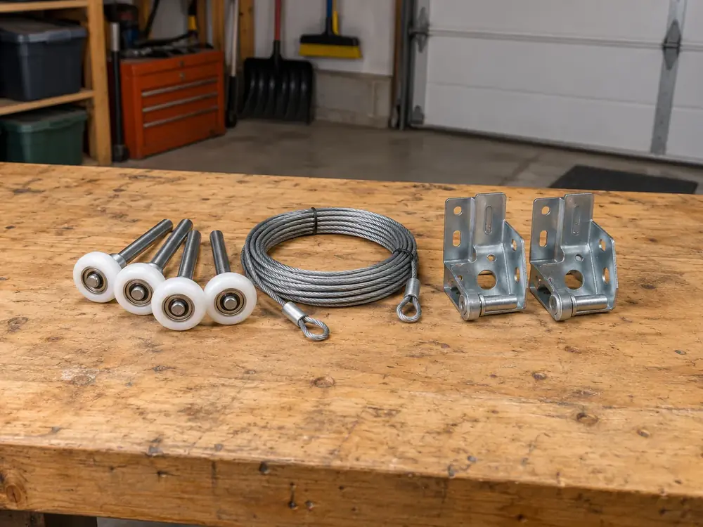 New nylon rollers, coiled steel lift cable and bottom brackets on a workbench