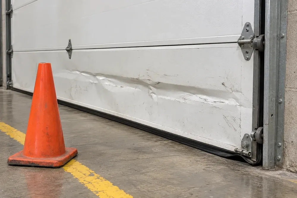 Dented bottom section of a white warehouse door with a raised corner seal.
