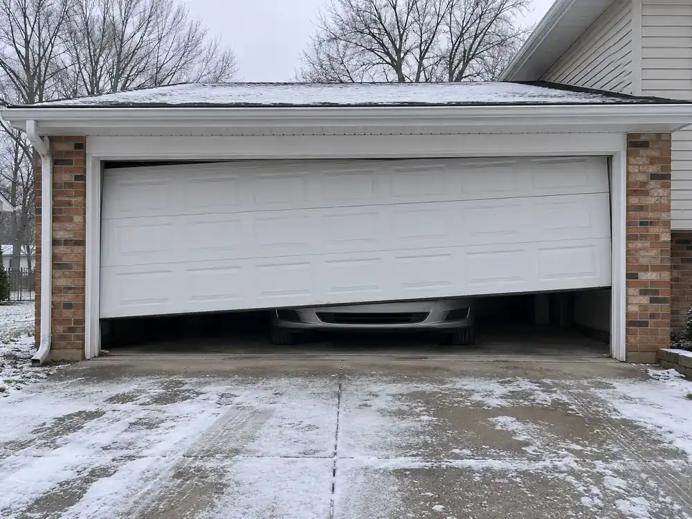 White garage door hanging crooked and partly open over a snowy driveway, a car bumper visible inside