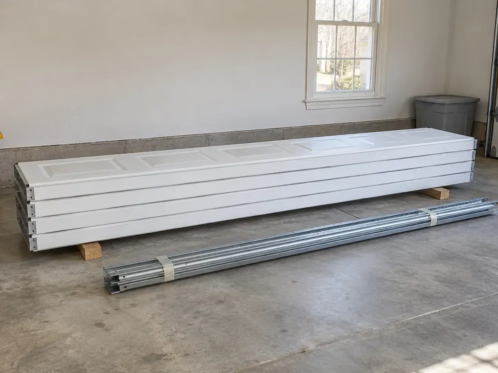 Four new white raised-panel garage door sections stacked on wood blocks beside a bundle of steel track