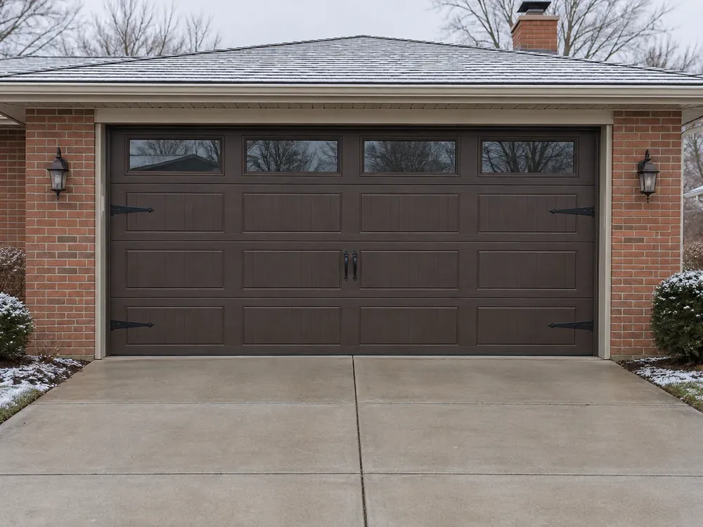 Closed dark brown carriage-style garage door with top windows and black strap hinges on a brick house