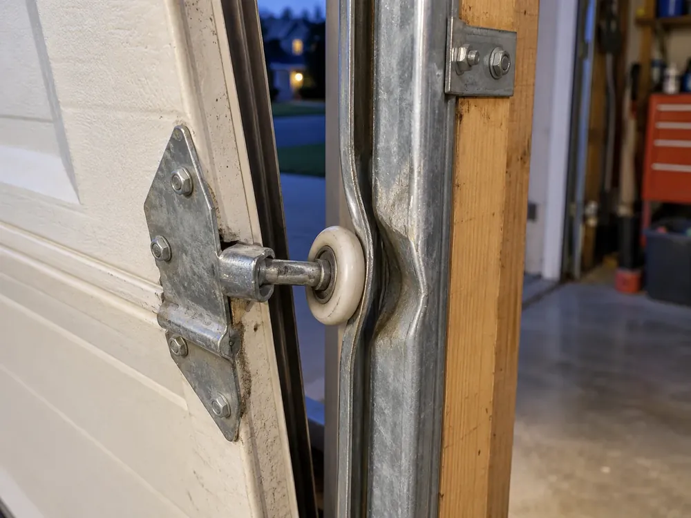Garage door roller outside a bent vertical track beside a tilted door edge