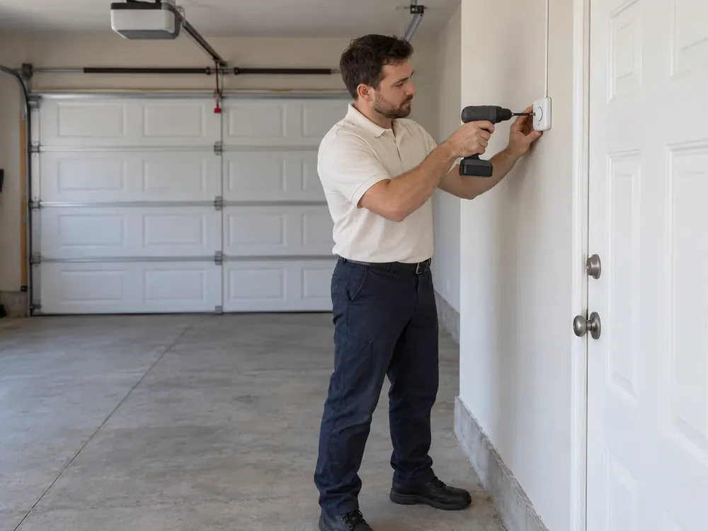 Technician fastens a white garage door opener wall button beside the house entry door