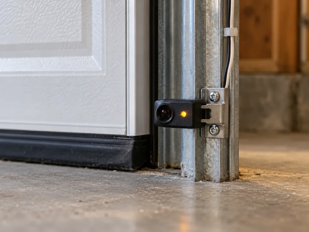 Garage door photo eye with an amber indicator light beside the track