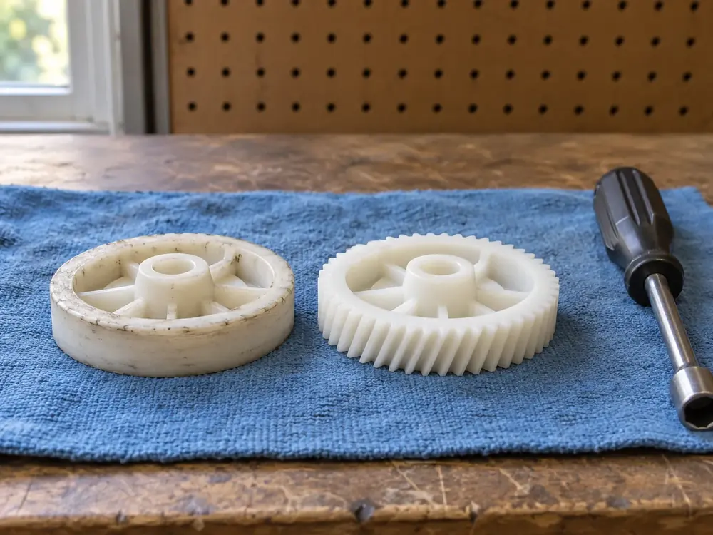 Stripped opener drive gear next to a new replacement gear and a nut driver on a workbench