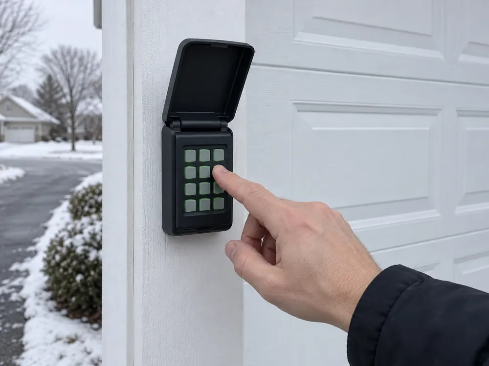Bare hand pressing a green-lit garage door keypad with its cover open beside a closed white door