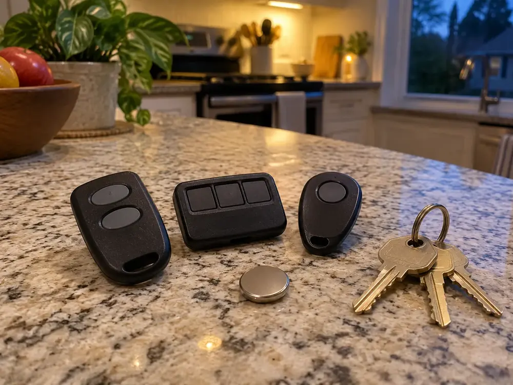 Three garage door remotes and a coin battery beside keys on a counter