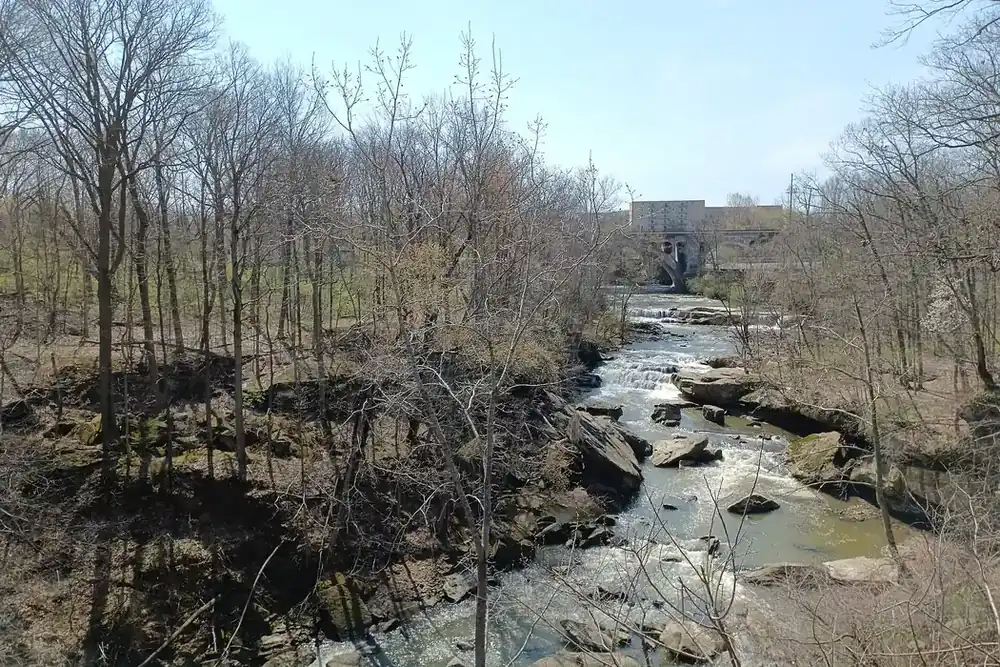 The rocky East Branch of the Rocky River flowing below Berea Falls in Berea, Ohio