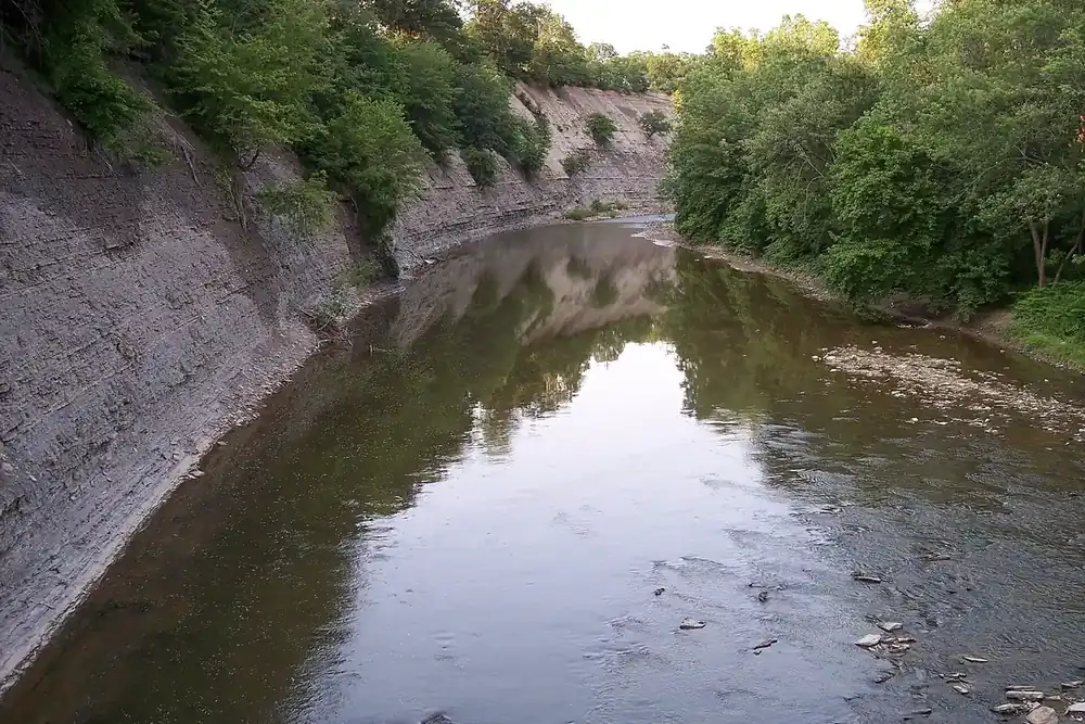 The Rocky River flowing between steep shale walls along the edge of Lakewood, Ohio