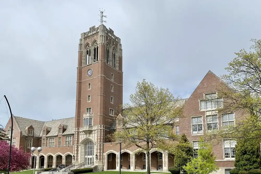The Gothic brick tower of the John Carroll University administration building in University Heights, Ohio